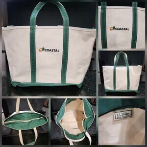 VTG LL Bean Boat & Tote Canvas Zip Bag Green Trim Ivory‎ Size L Large USA Made